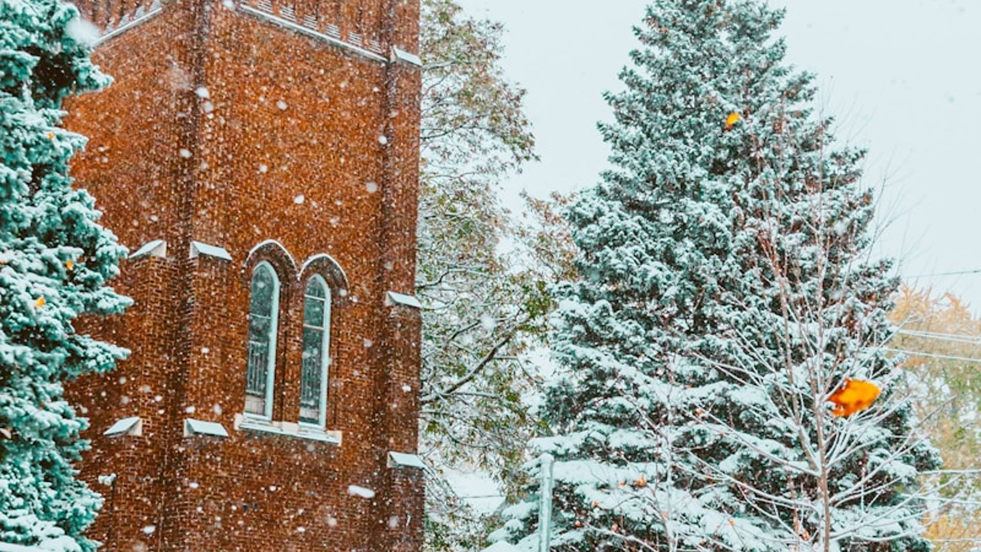 Brick tower and snow-covered trees in winter.