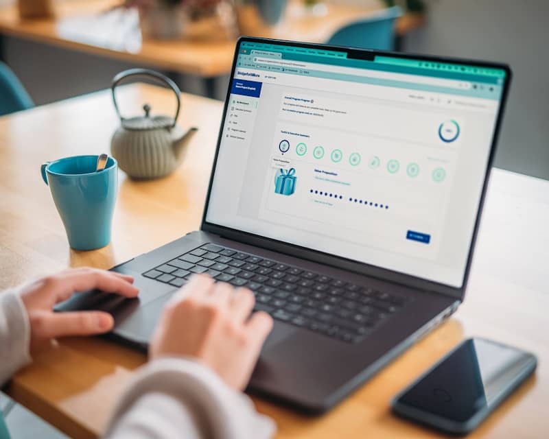 Person is using a laptop with a reward program.