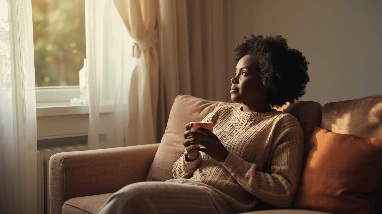Woman with eyes closed in warm, soft light.