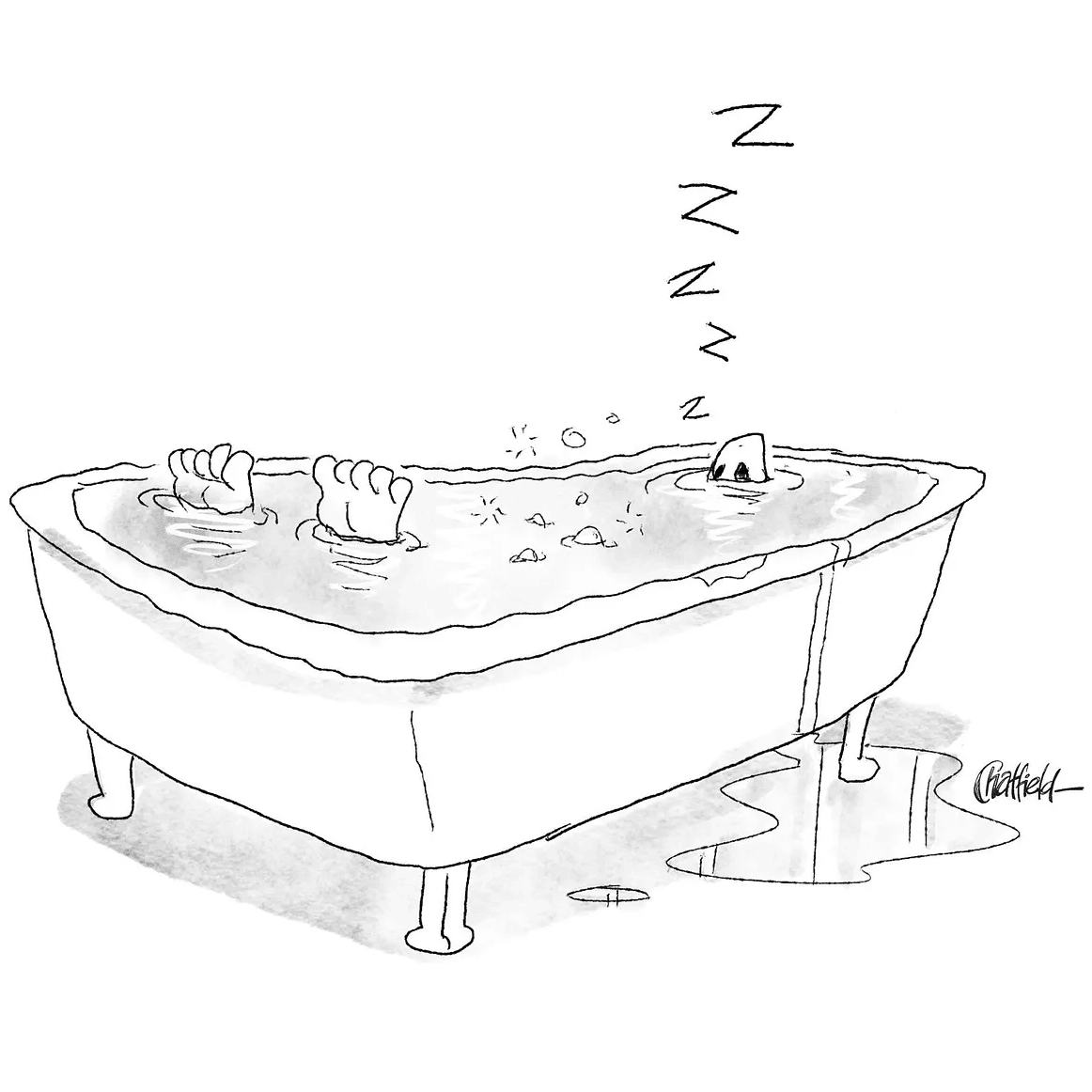 Cartoon of a person falling asleep in a bathtub - all you see if their nostrils and "z-z-z-z-z"