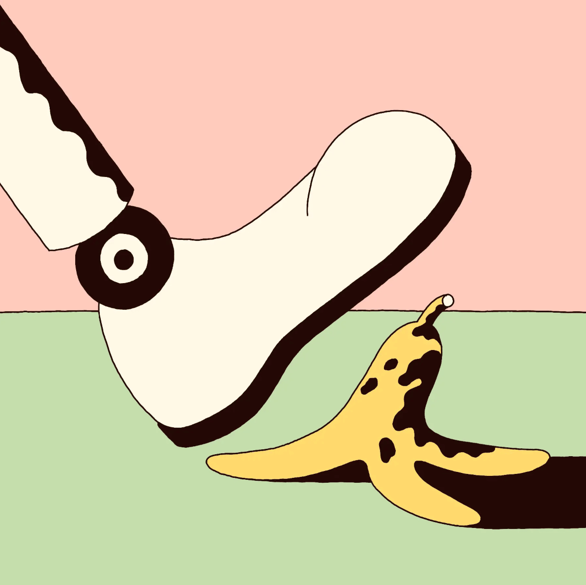 Cartoon foot slips on a banana peel