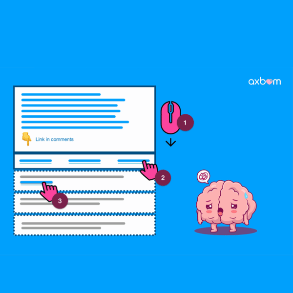 A cartoon brain sits on the right side, panting and looking exhausted. On the left side are a bunch of computer windows with fingers pointing at them and mouses clicking on them
