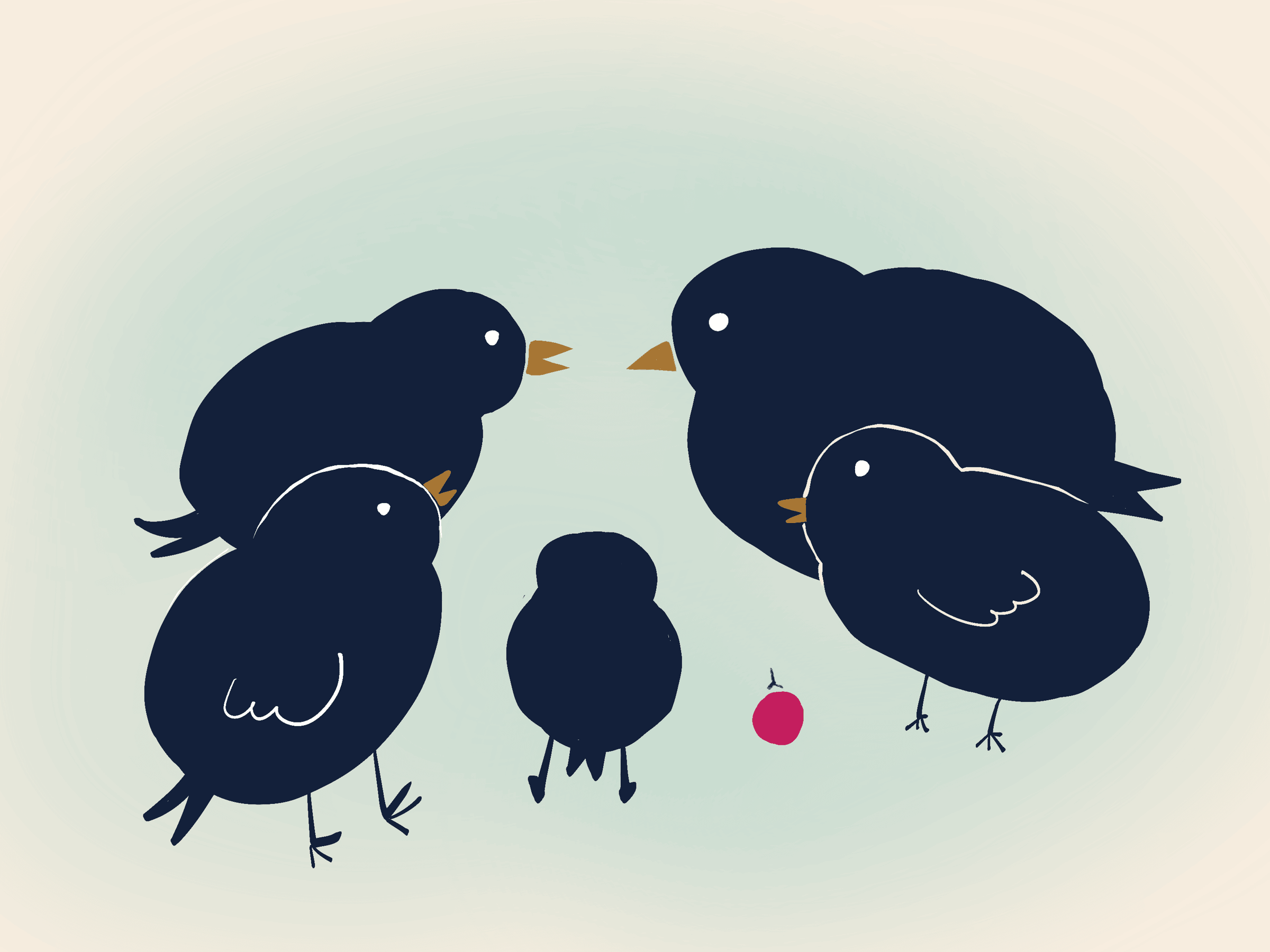 Five birds sit in a circle and chirp at each other