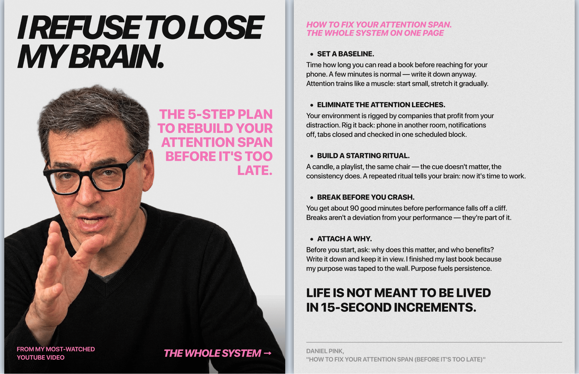 two-page pdf - Photo of Dan Pink: "I refuse to lose my brain" The 5-step plan to rebuild your attention span before it's too late." Set a baseline. Eliminate the attention leeches. Build a starting ritual. Break before you crash. Attach a why. 