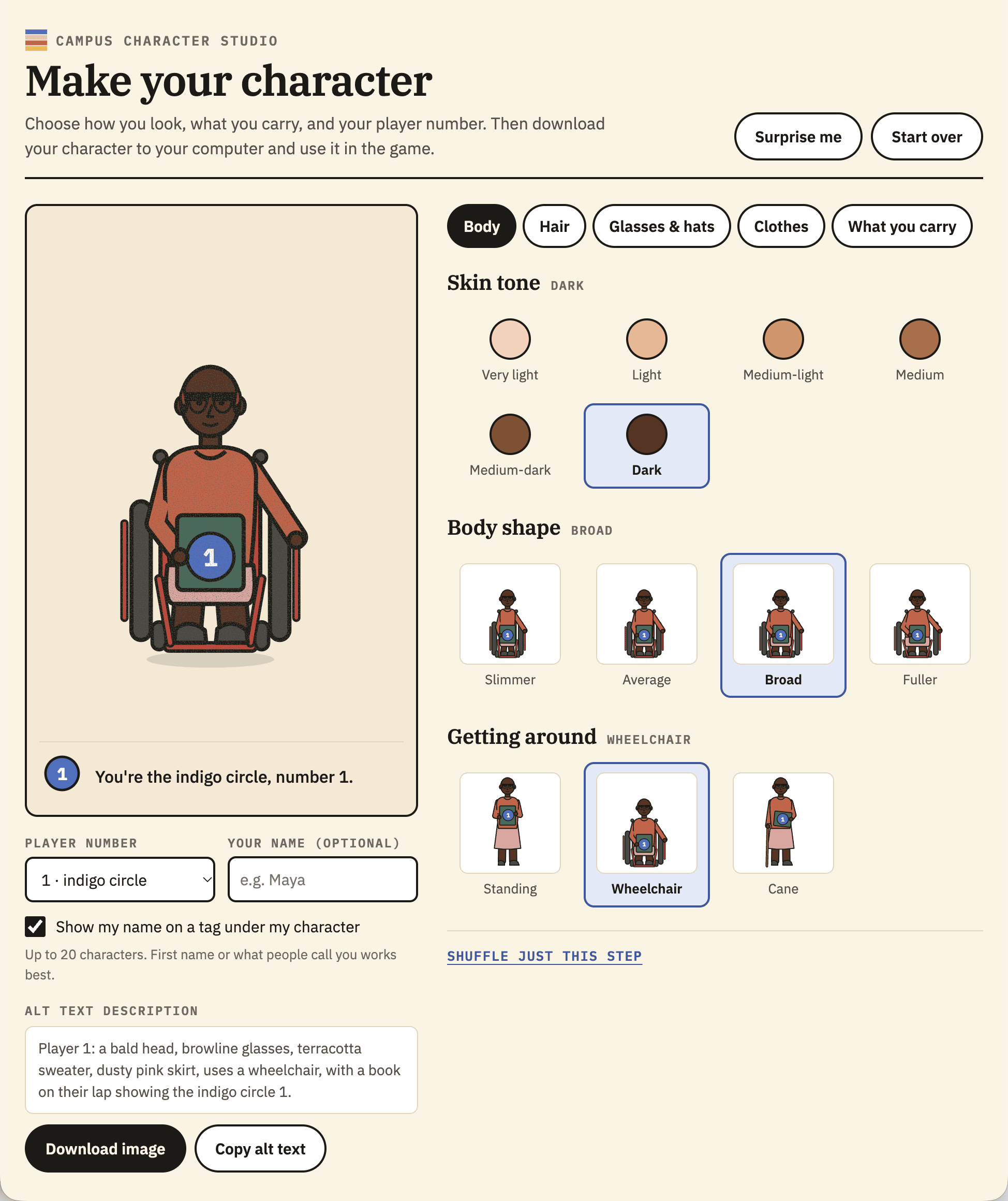 screenshot from a website called campus character studio - you can choose your skin done, body shape, how you get around, etc. Includes an alt text description, which can be copied and a spot to download your image. 