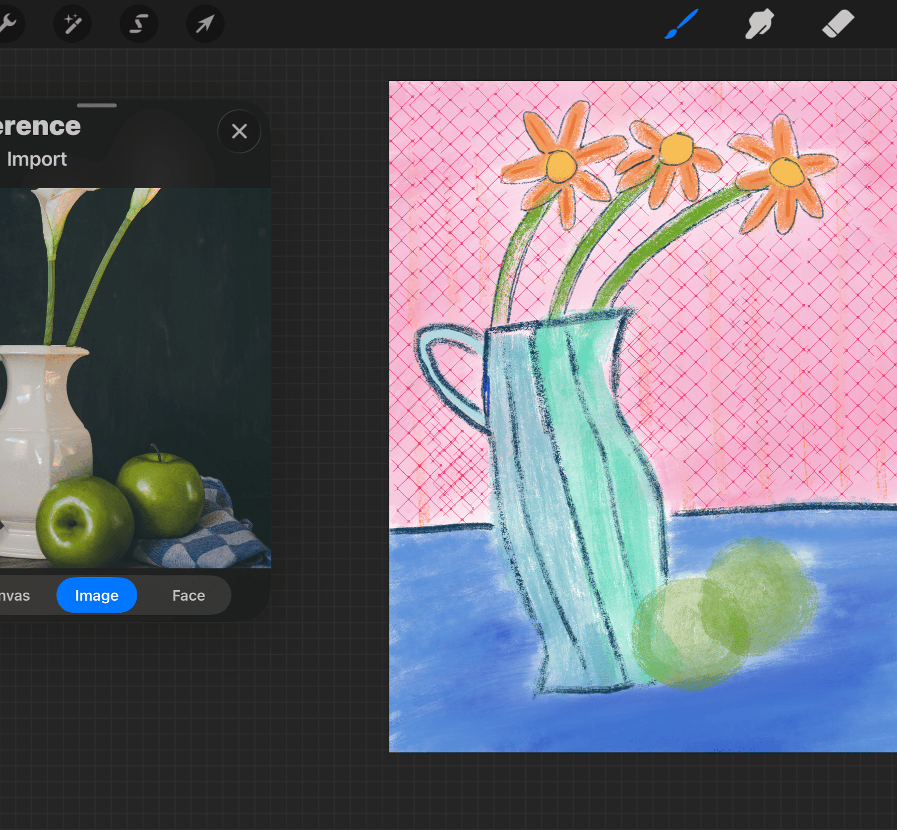 reference photo on the left of a vase with two apples; Bonni's "messy" attempt on the right, using the Procreate app