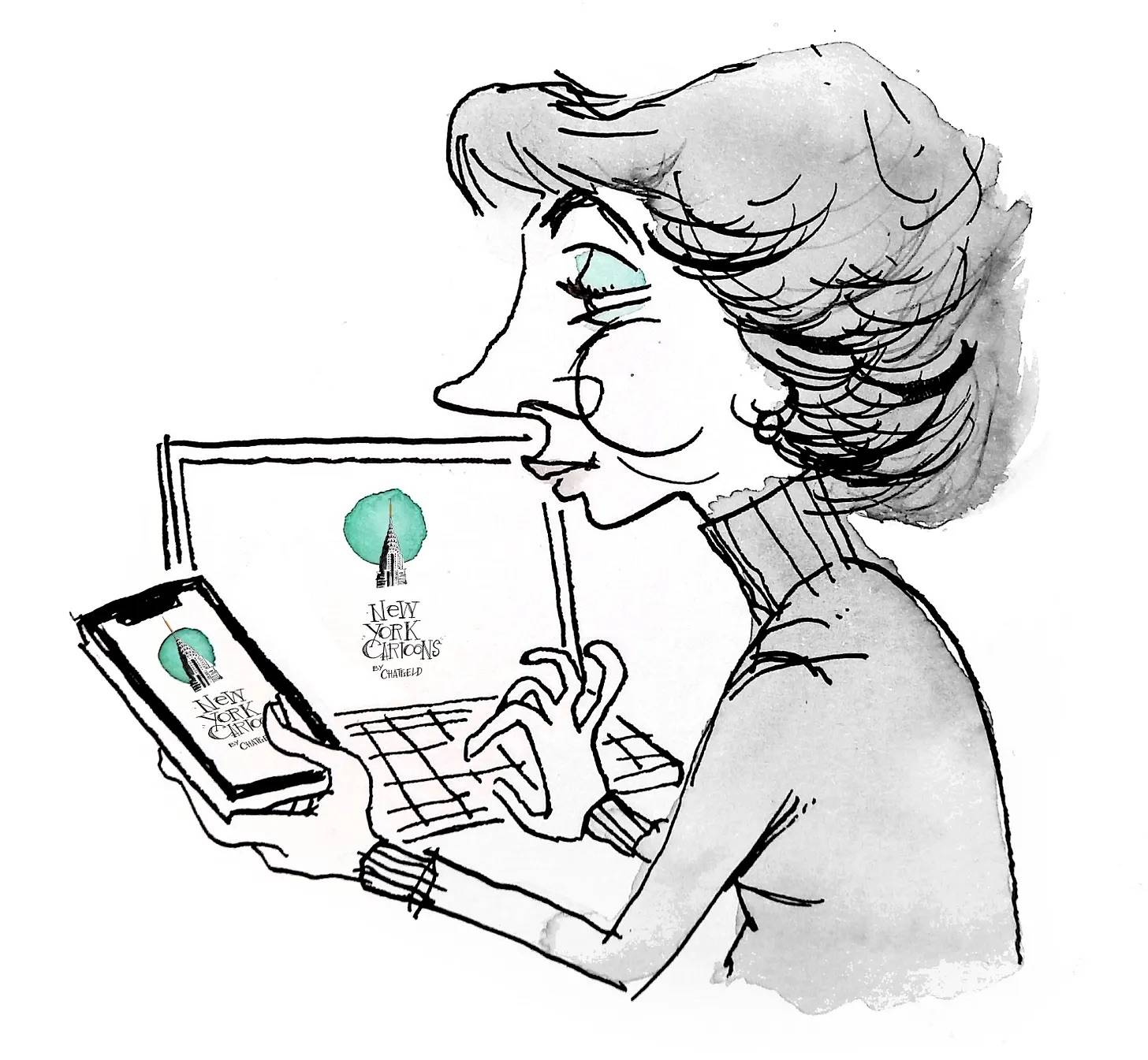 Cartoon from Jason Chatfield - woman holds cell phone with a phone in her left hand