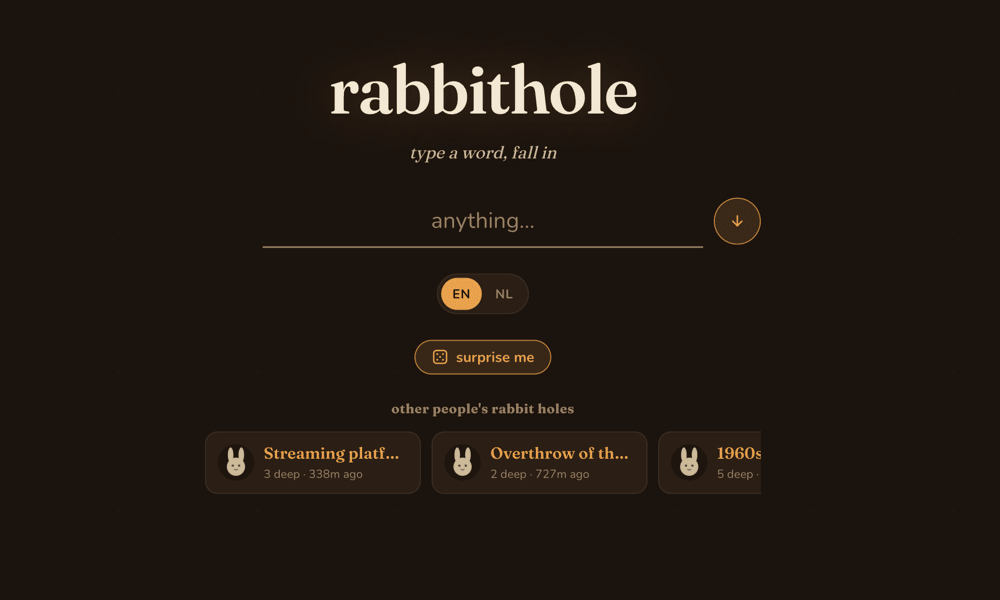 Screenshot of rabbithole inviting to type a word and 'fall in' (to the rabbithole)