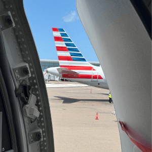 American Airlines Tail looking out Aircraft Door