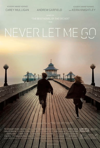 never let me go movie poster - a man and woman running on a bridge, faced away from the camera.