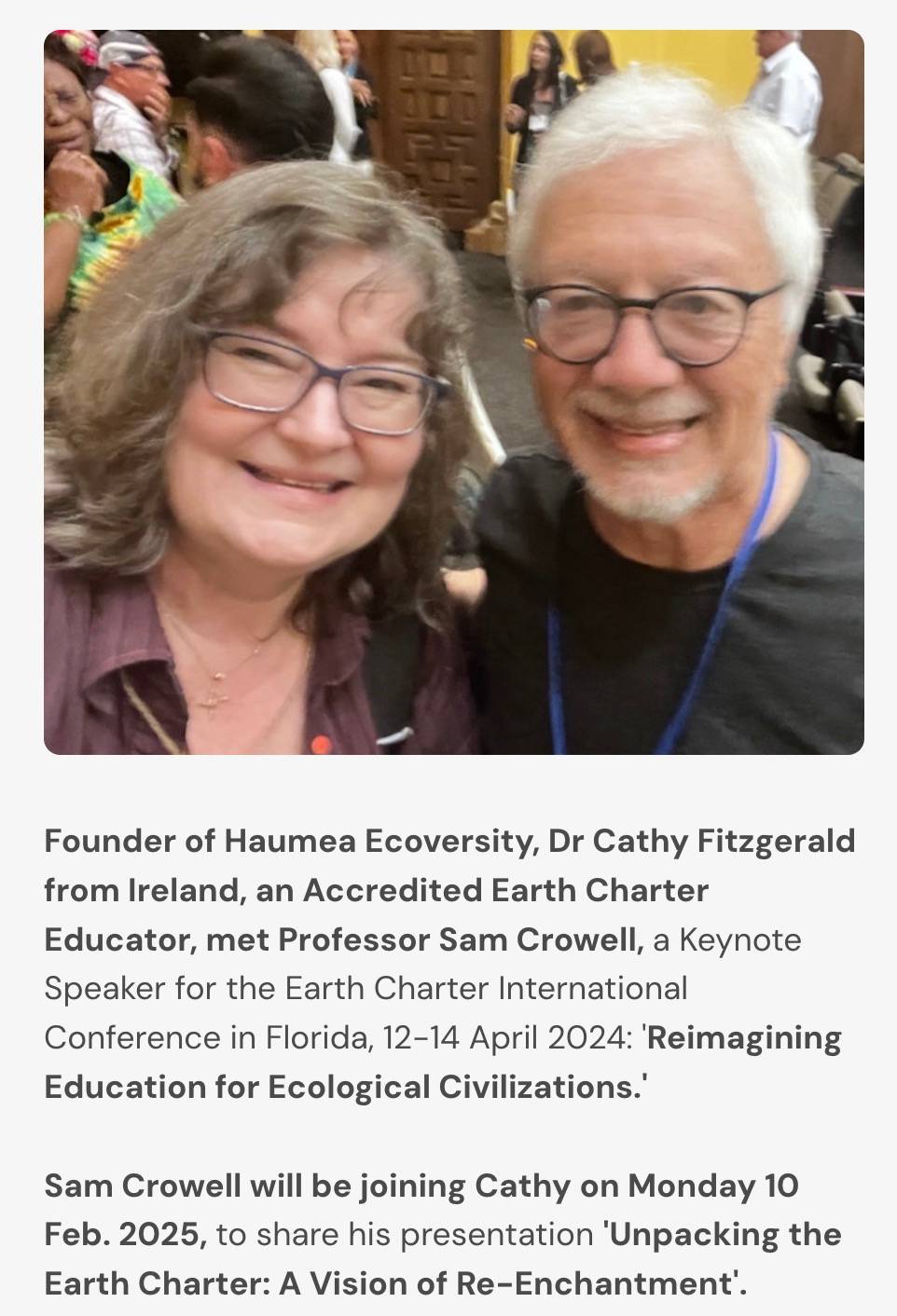 Photo of Cathy Fitzgerald with Professor Sam Crowell at the 2024 Earth Charter conference in Florida.