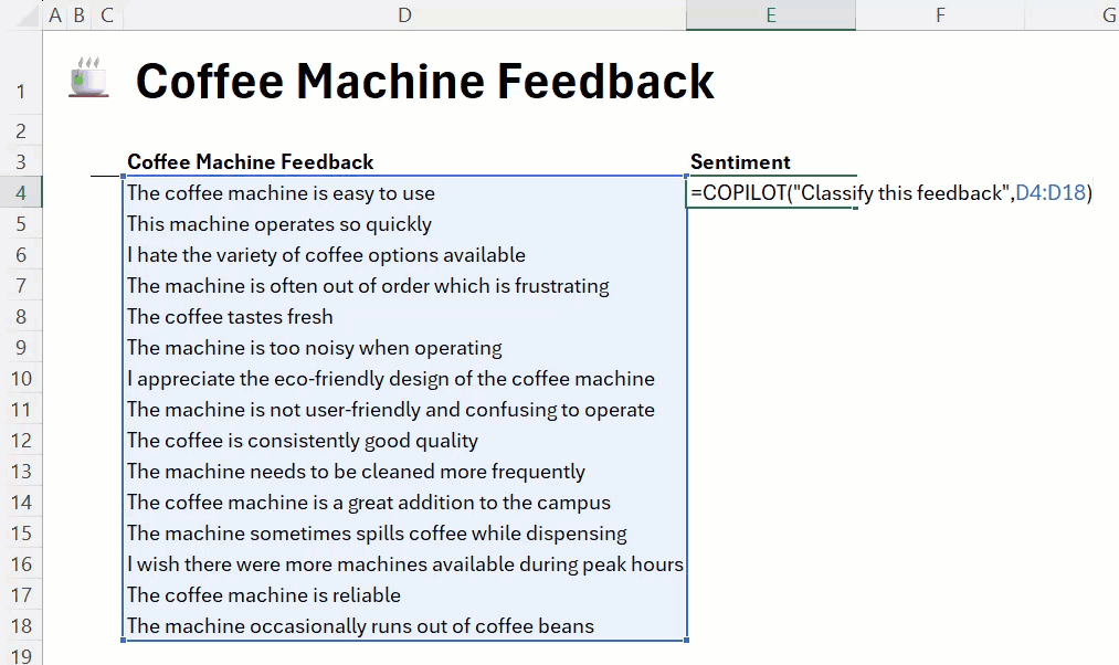 Copilot function used in Excel grid to classify feedback sentiment