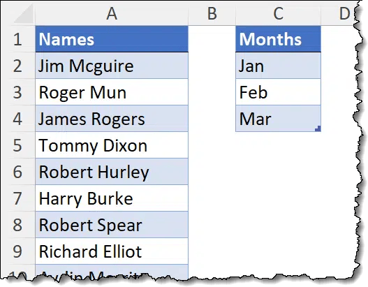 Fragment of Excel spreadsheet with an Excel table of Names and a second Excel table of Months (Jan, Feb, Mar)