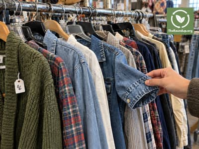 A shopper checks the condition of a denim shirt on a thrift-store clothing rack.
