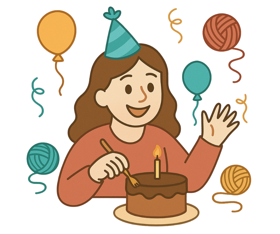 Cartoon woman in party hat with birthday cake, balloons, and yarn balls for a festive birthday celebration.