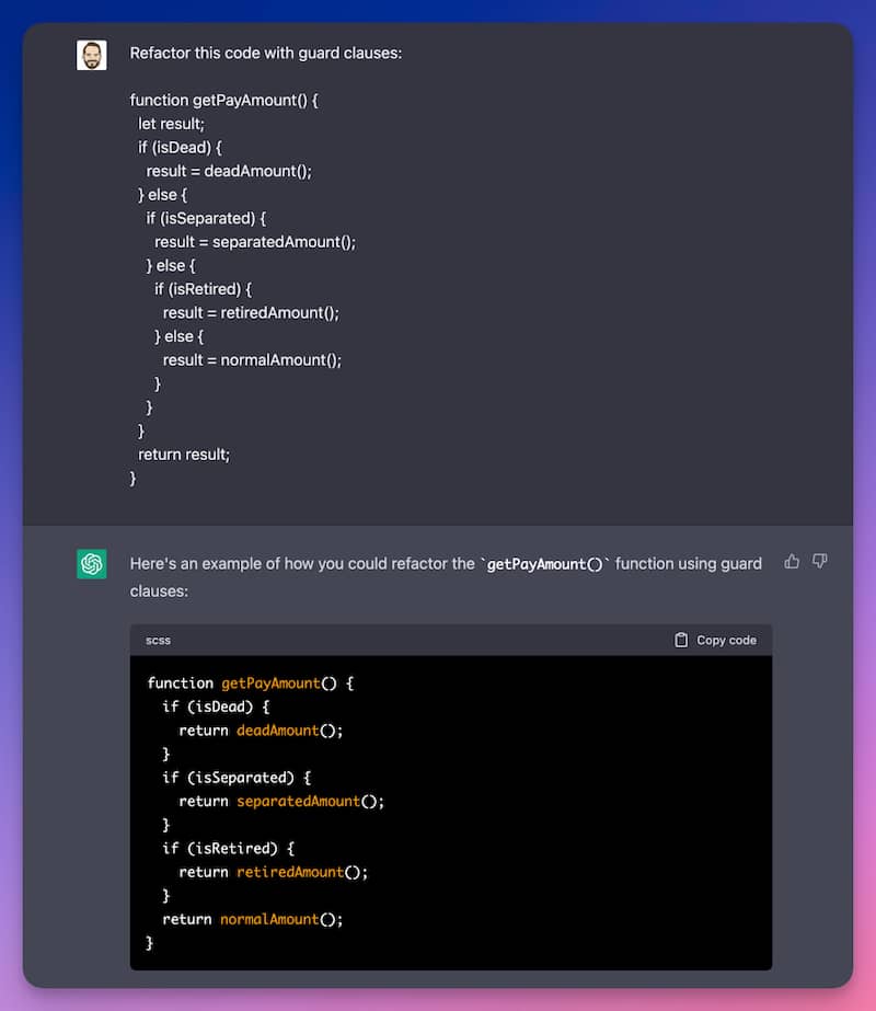 Asking ChatGPT to refactor some code with guard clauses