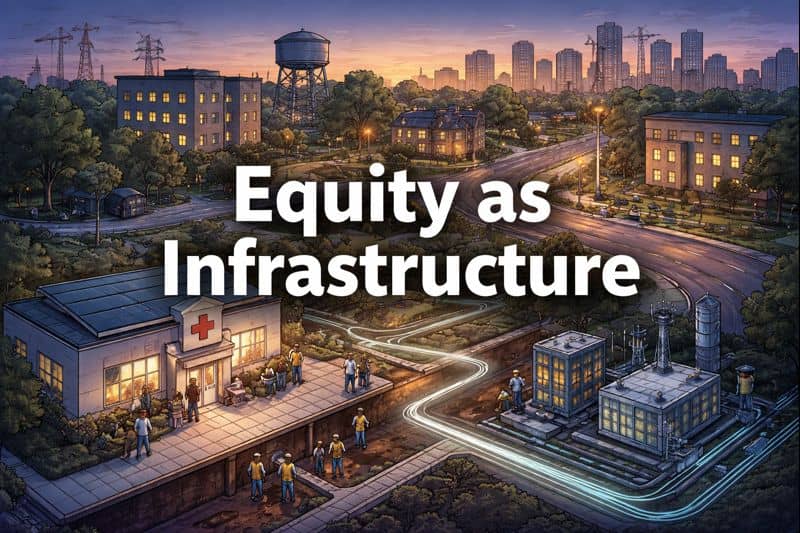 Title Equity as Infrastructure on top of a drawn city image.