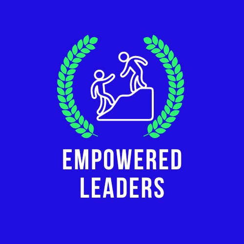 The Empowered Leaders logo against a blue background.  The logo shows 2 people travelling up a hill. The first person is reaching back to pull the other up. This image is surrounded by a green crown of leaves, like those worn in the ancient Greek Olympic games. The text below it reads, "Empowered Leaders".