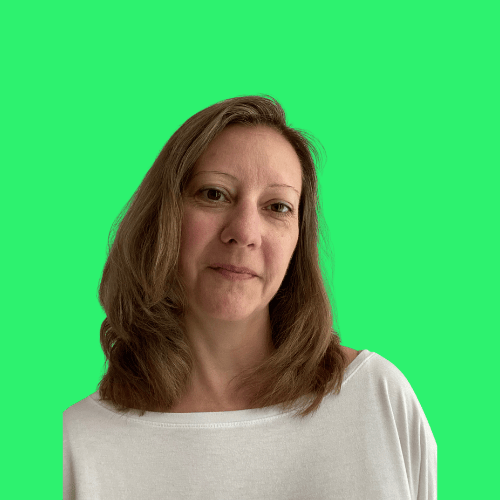 Headshot of Stephanie Weiss against a neon green background.