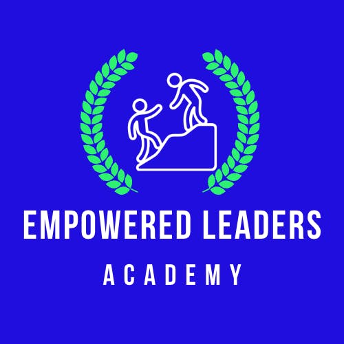 Empowered Leaders Academy logo, a blue background with a garland of green leaves surrounding an image of 2 people standing on a hill, where the person on the top of the hill is reaching down to help the other person.