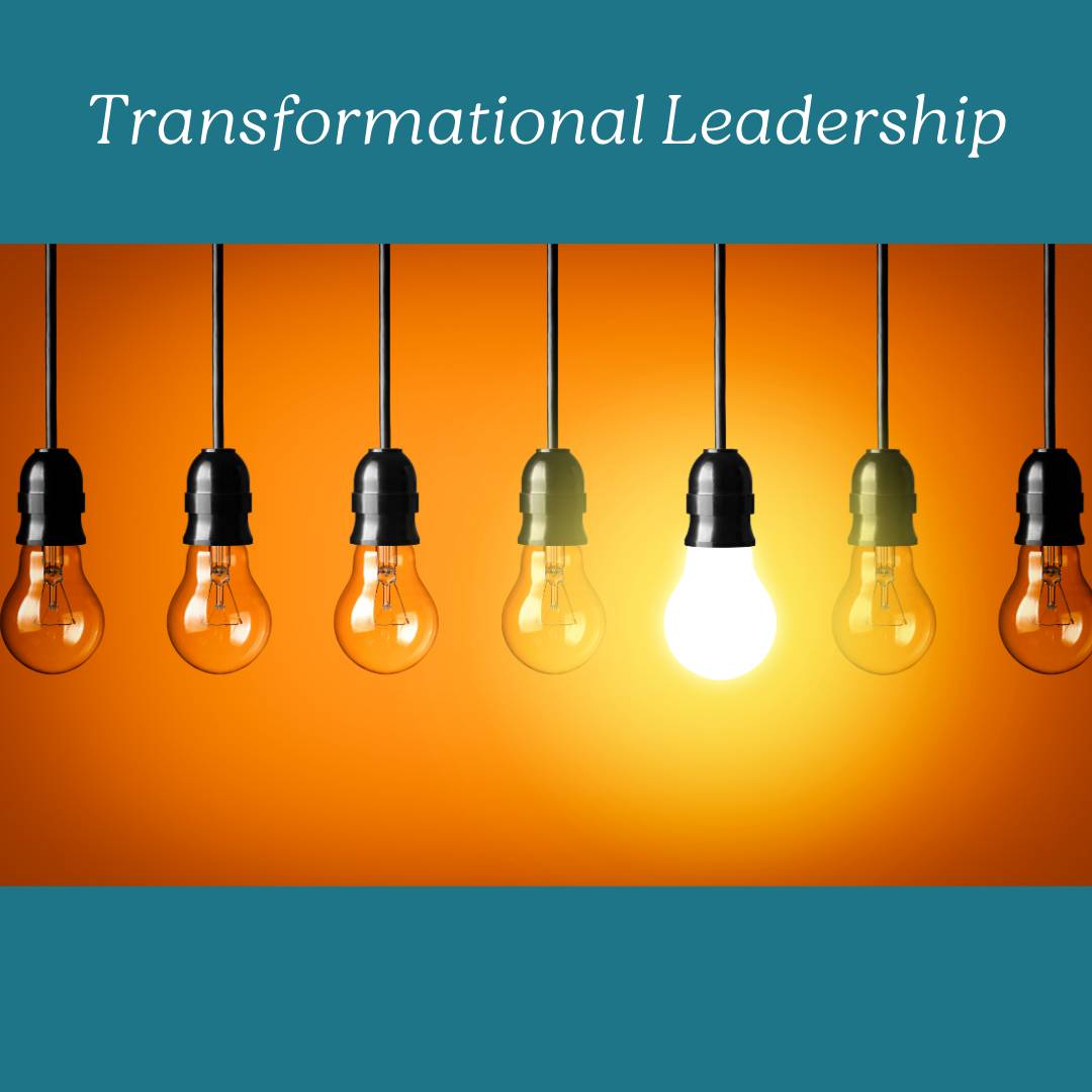 An image of seven plain lightbulbs hanging in a row. Only the fifth one is lit up and is shining very brightly. The text above the image reads: "Transformational Leadership".