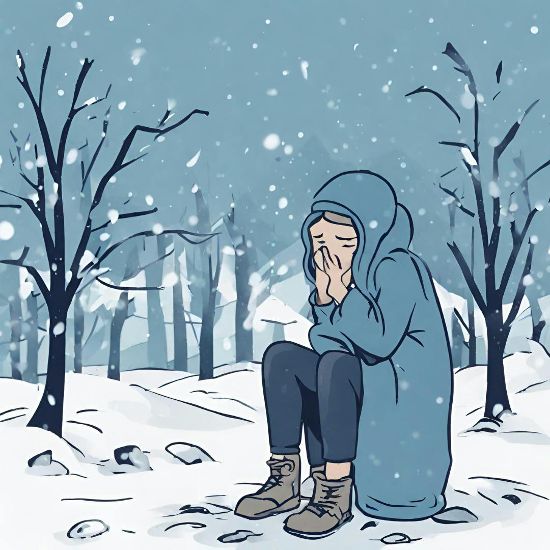 A scene depicting the Winter Blues - a person sitting in the middle of a gray blue winter-scape, bundled in a coat and blowing on their hands for warmth.
