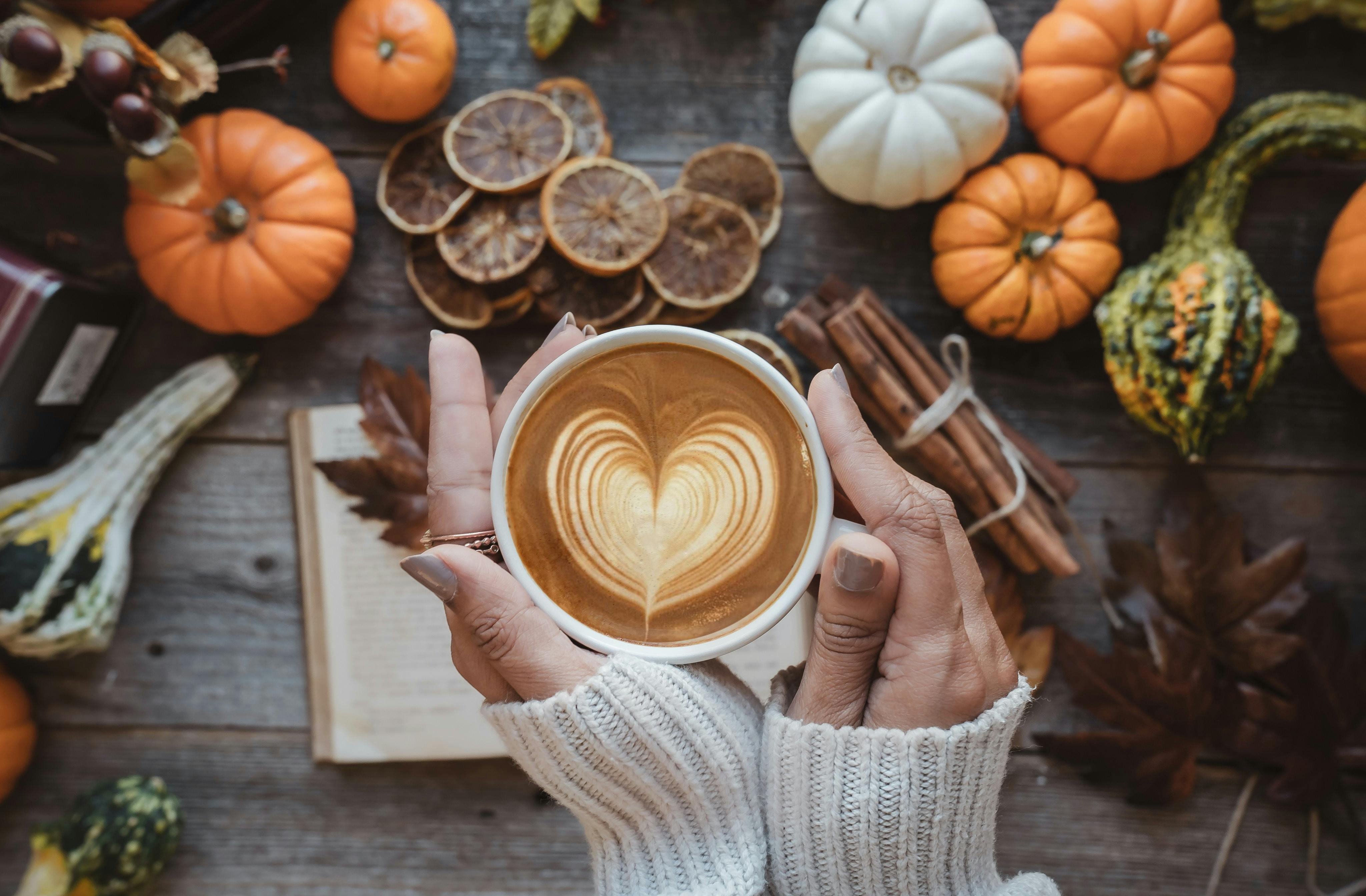 Image of a person's hands holding a coffee beverage with a the foam in a shape of a heart. The person is wearing a comfy white sweater (we only see their wrists & hands). Around them are miniature pumpkins, spices, squash, and leaves with an open book.