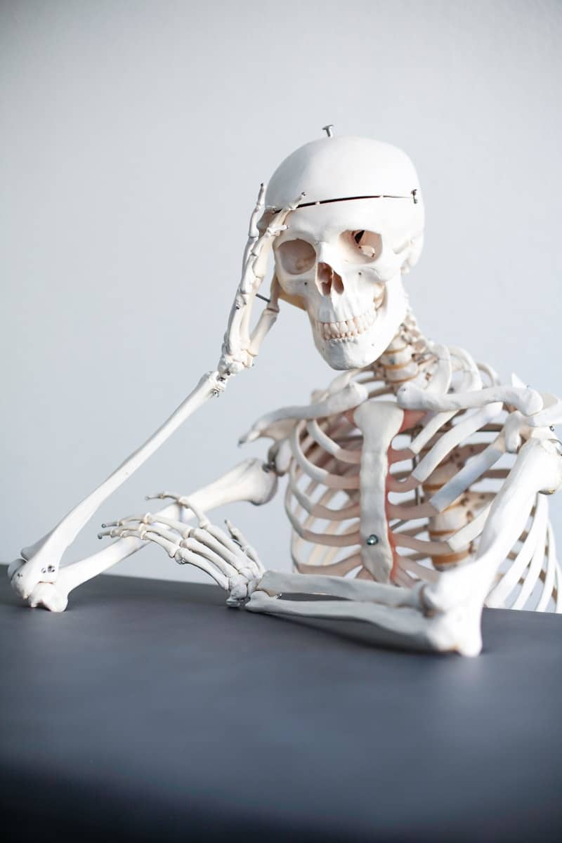Skeleton resting its head on its hand.