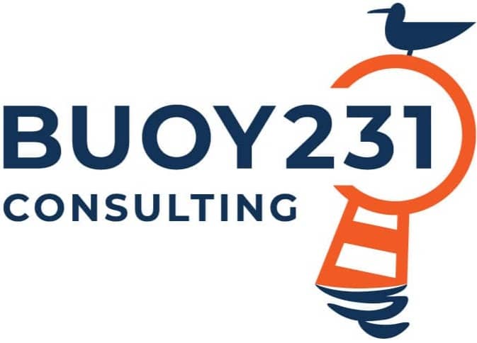Logo for "Buoy231 Consulting" featuring the text in dark blue. The number "231" is partially encircled by an orange lighthouse graphic with a seagull perched on top.