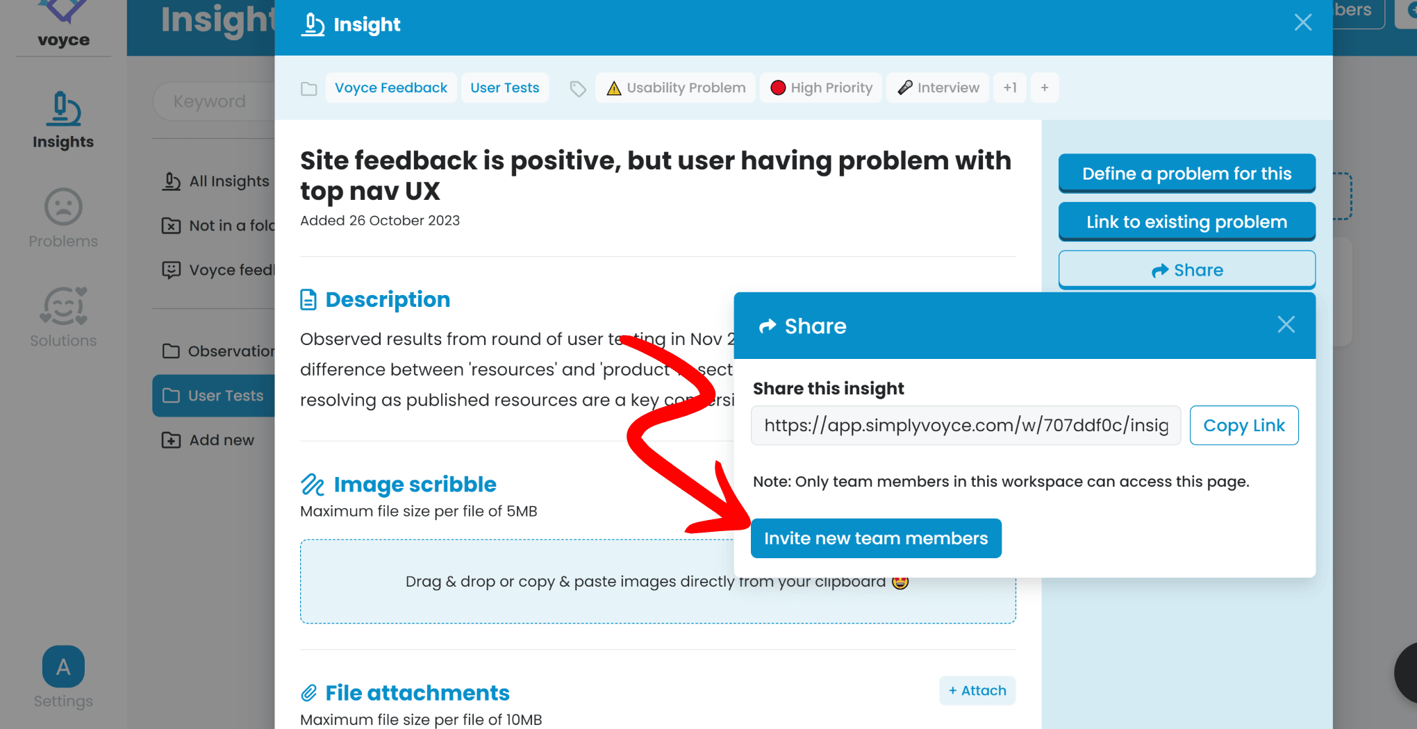 A screenshot showing the share modal in Voyce.