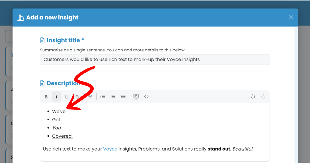 Screenshot of Voyce showing rich text editing capabilities.