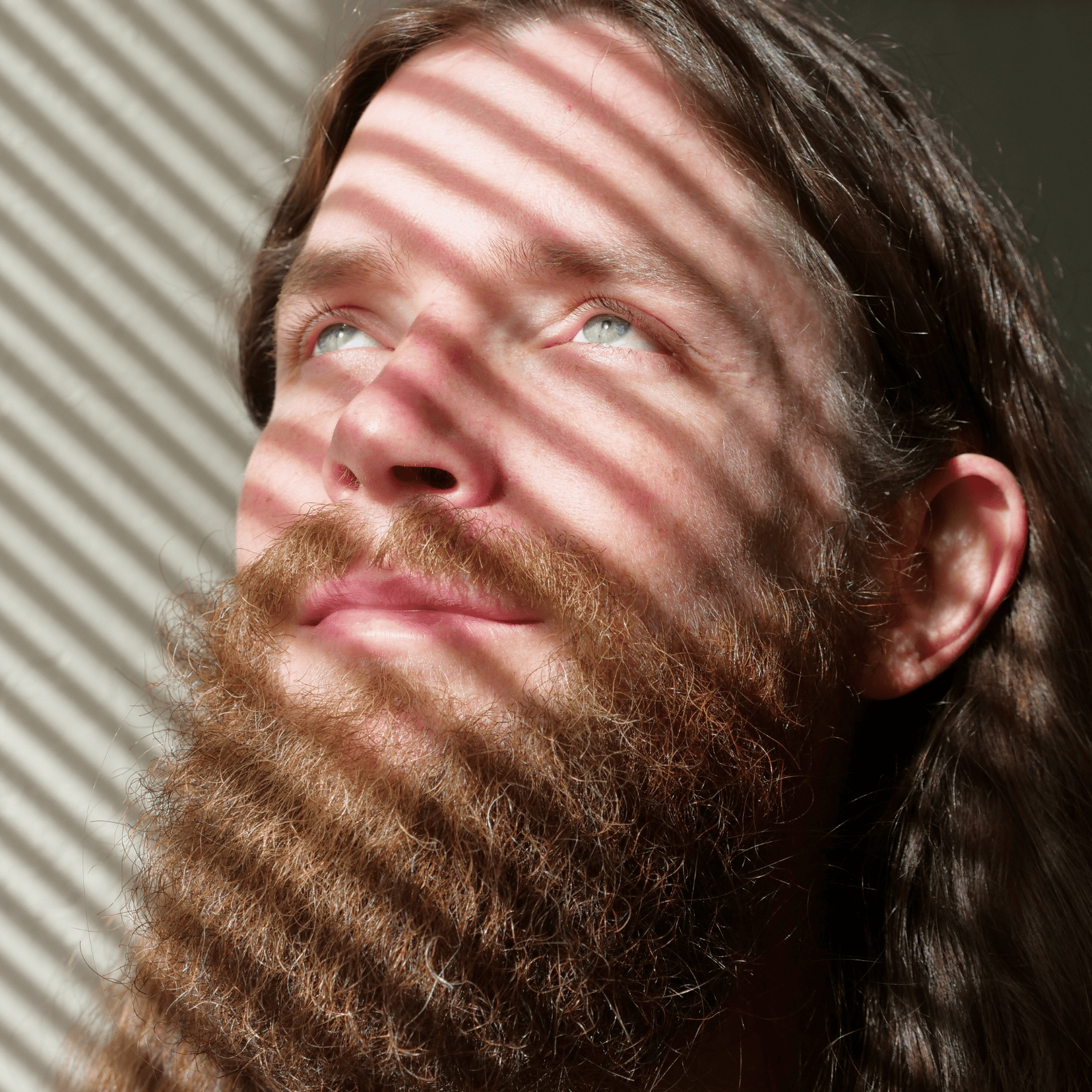 A person with long hair and a full beard is looking upward. Sunlight filters through window blinds, casting diagonal stripes across their face.