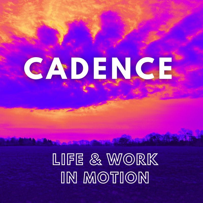 Cadence, life and work in motion" wording against lumo pink and purple sunset backdrop. Copyright Mich Bondesio.