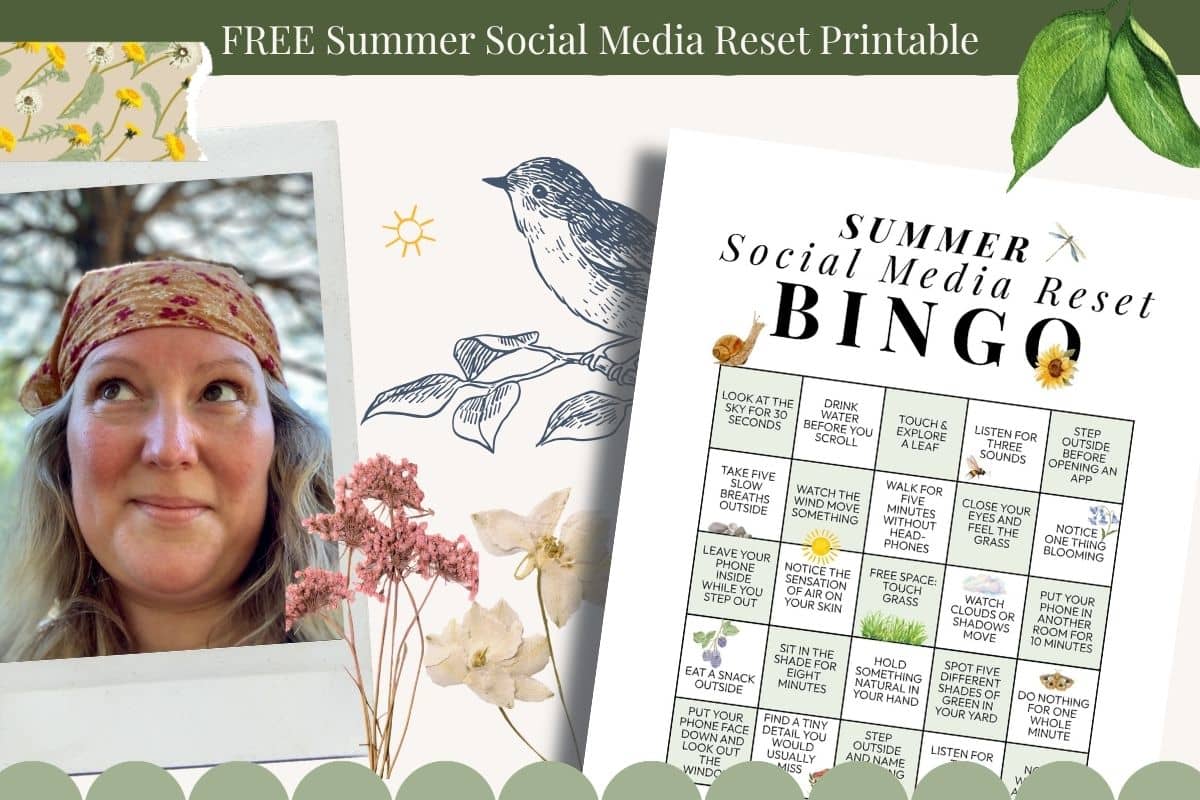 Free Summer Social Media Reset Bingo printable from Urban Forest Therapy featuring a nature connection bingo card, summer botanicals, bird illustration, and photo of Jess Thenhaus.