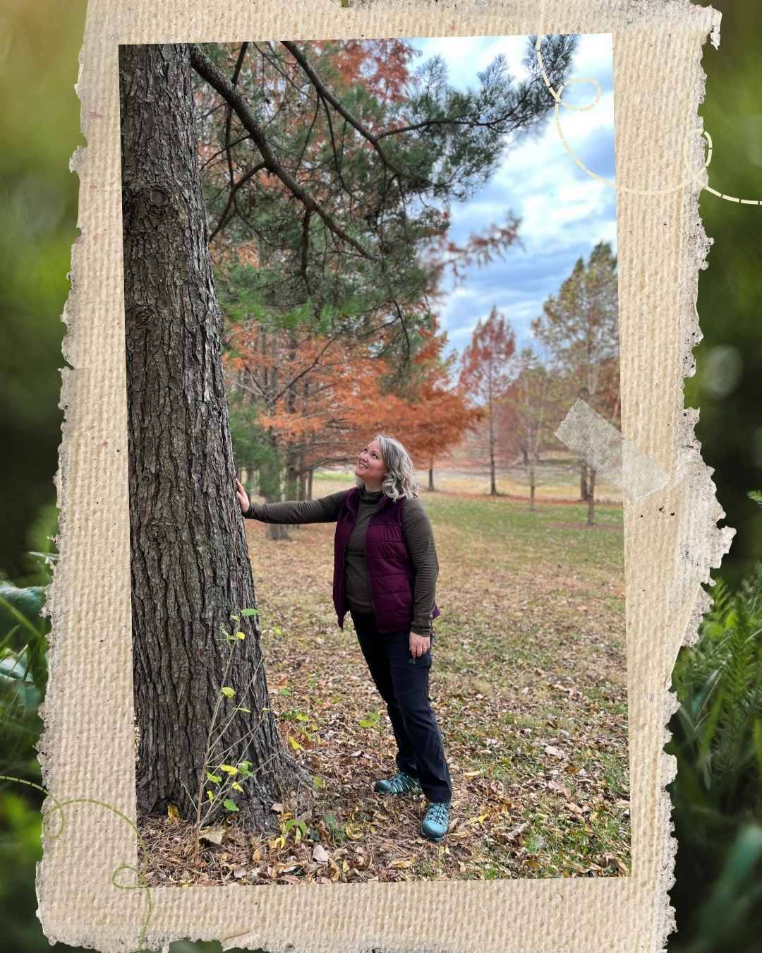 Jess Touching the bark of tree 