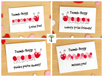 A set of four cards with hand-drawn caterpillar-like creatures made from thumbprints, called "Thumb-Buggy." Each card has a different message: "Thumb-Buggy Loves You!" with a red caterpillar, "Thumb-Buggy wants to be friends!" with a multicolored caterpil