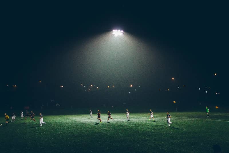 A soccer game at night.