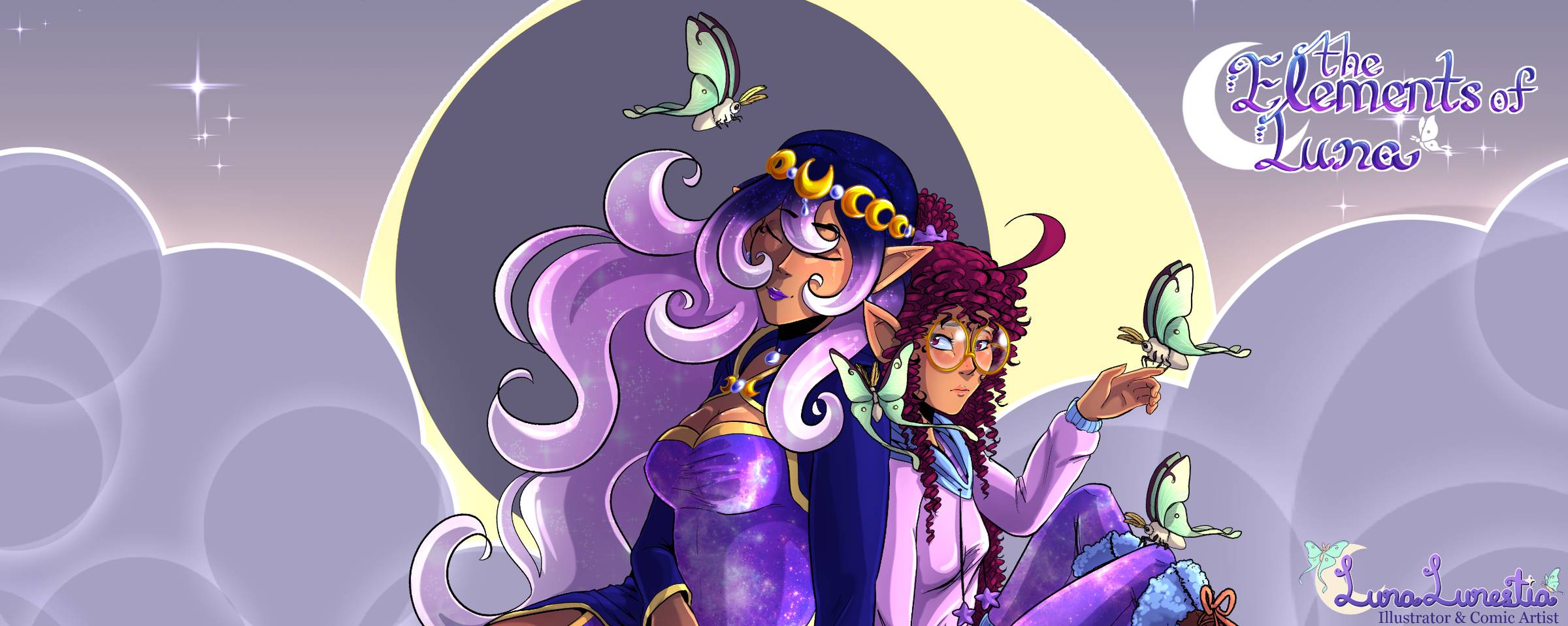 Cropped banner of The Elements of Luna featuring Luna and Kristal Lunestia. Sitting back to back with Luna sleeping over Kristal and her keeping her sitting up. There are three luna moths surrounding them in a dreamscape purple background of lilac clouds 