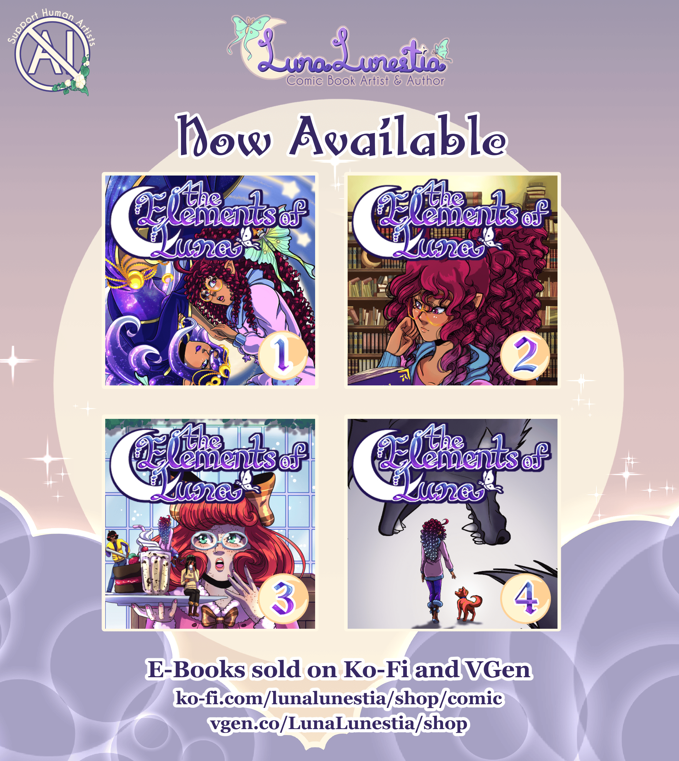 Banner showing The Elements of Luna, chapters 1-4 now available on LunaLunestia's Ko-Fi and VGen stores.