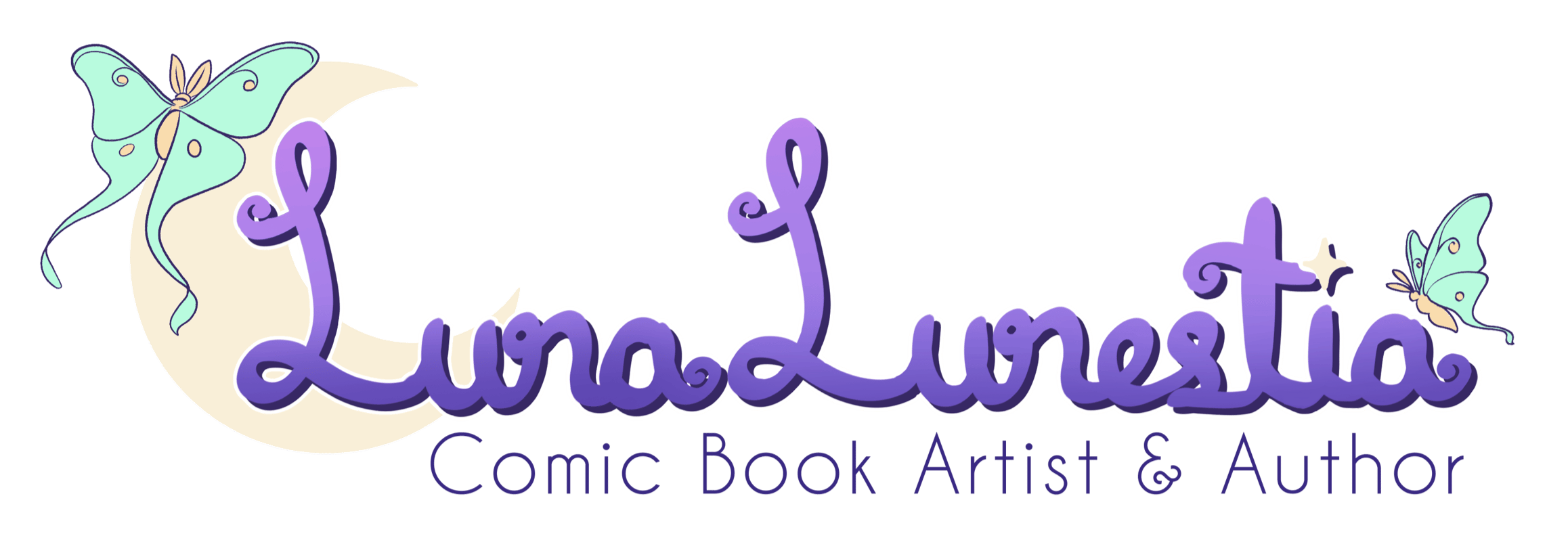 Brand Logo with purple letters in handwritten script, a crescent moon, and two luna moths. Written "LunaLunestia: Comic Book Artist & Author"