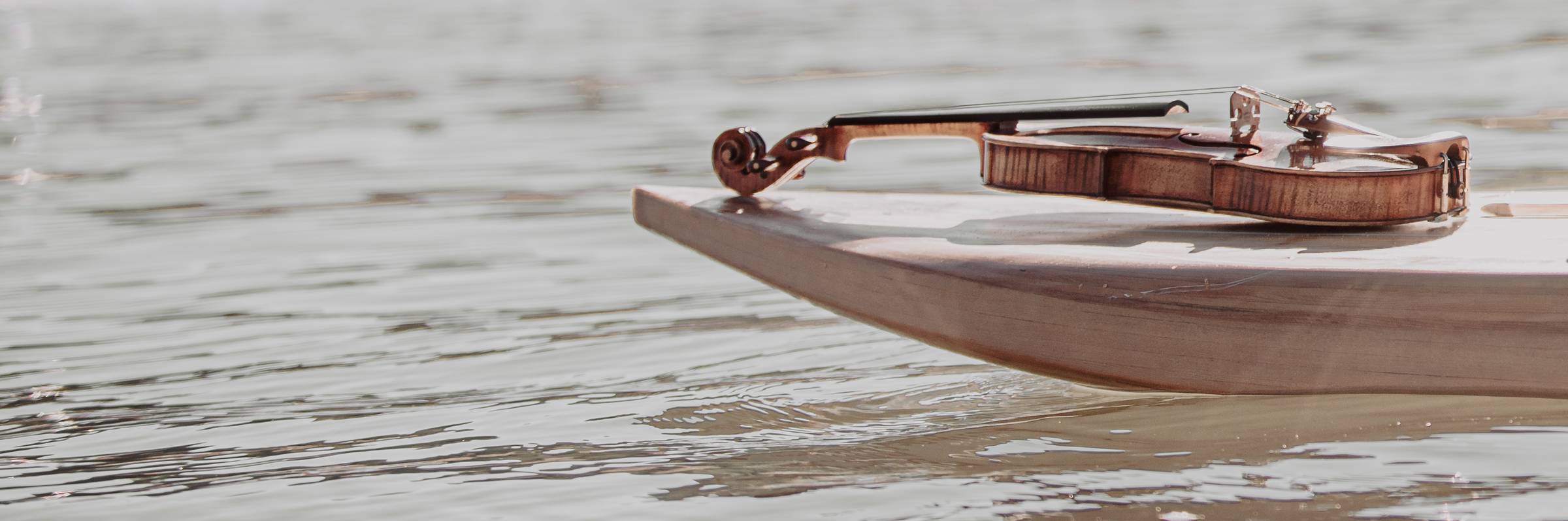 A fiddle balanced on a paddleboard on the lake