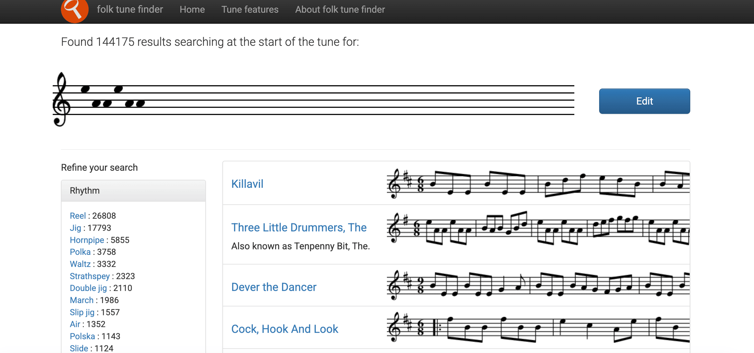 Using the Folk Tune Finder tool to locate similar phrases