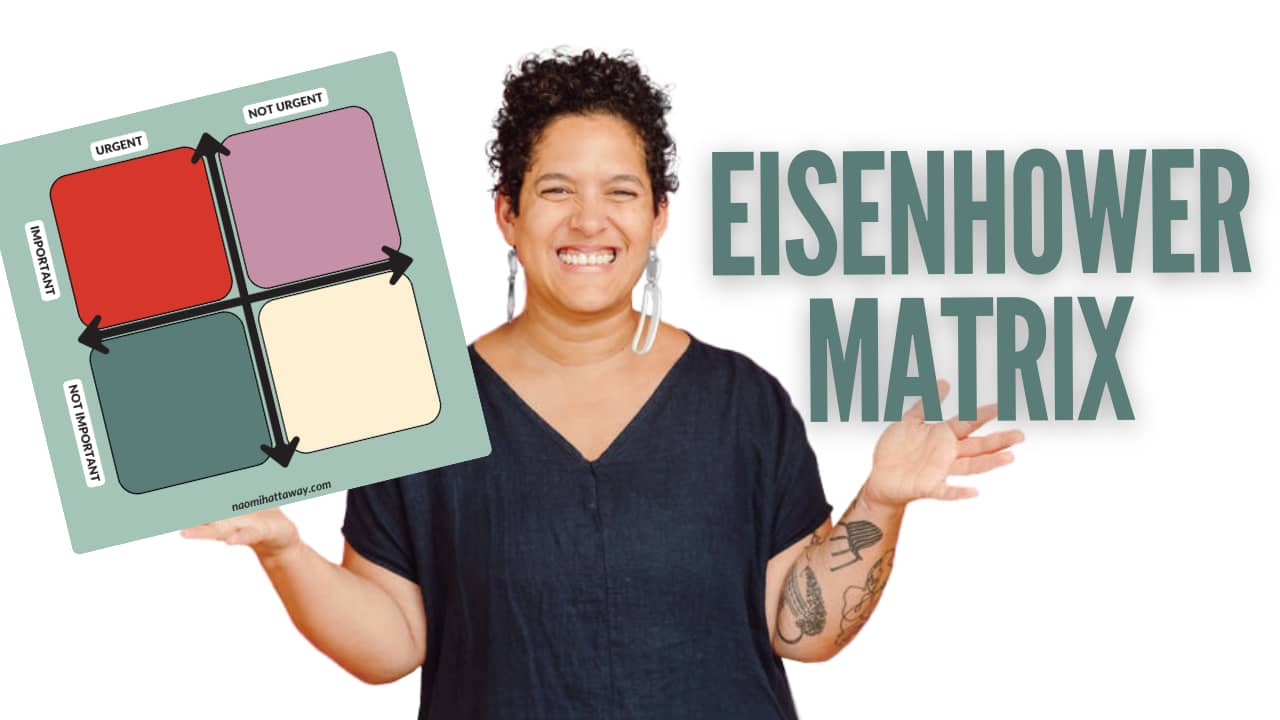 Naomi stands in the center of the image with her hands held up with palms facing up. The text on the right says: Eisenhower Matrix. On the left is a graphic of an Eisenhower Matrix.