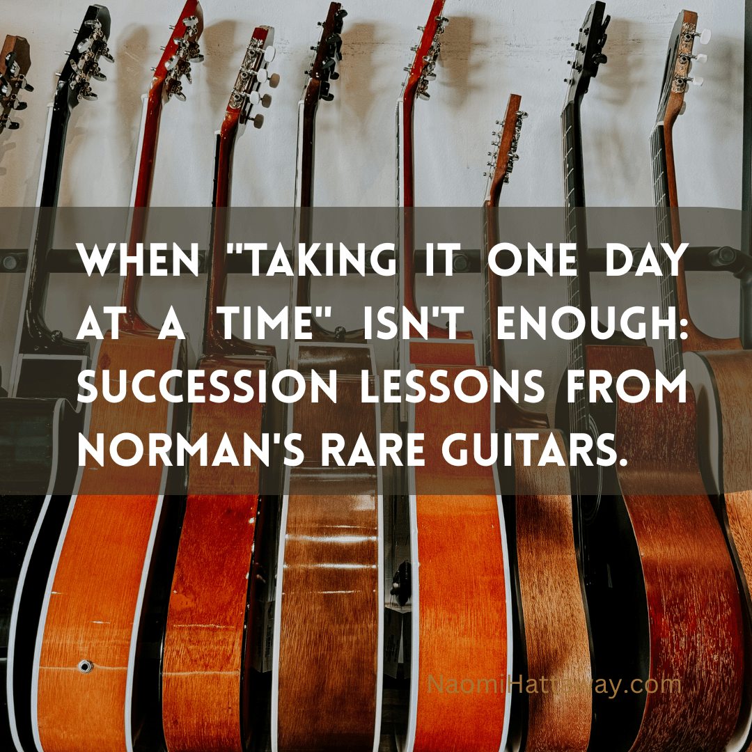An image of guitars leaning against a wall with the text overlay that says: When 'taking it one day at a time' isn't enough: succession lessons from Norm's Rare Guitars.