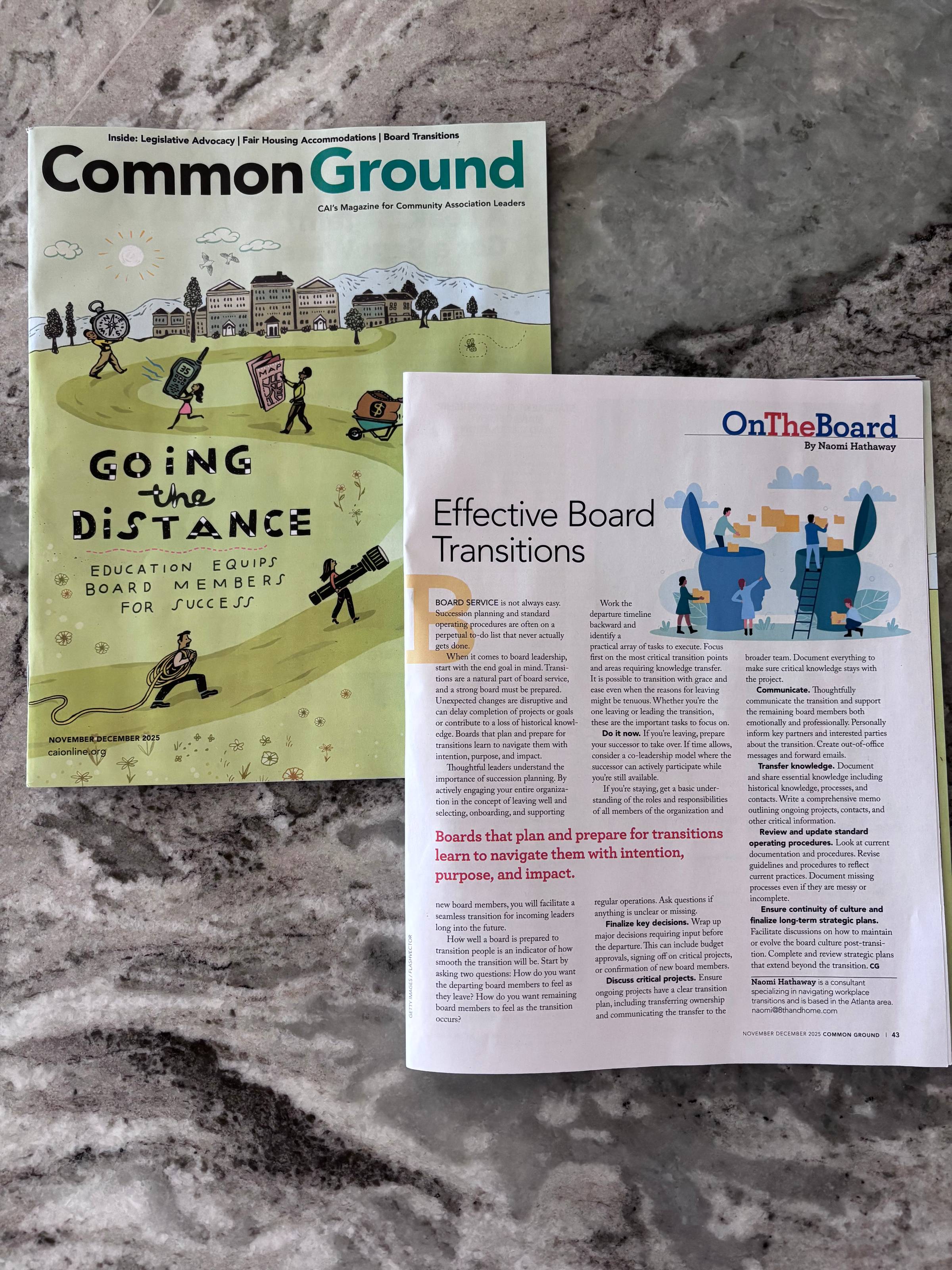 Two magazines sit on the counter. One is closed showing the cover, and the other is open to an article titled "Effective Board Transitions"