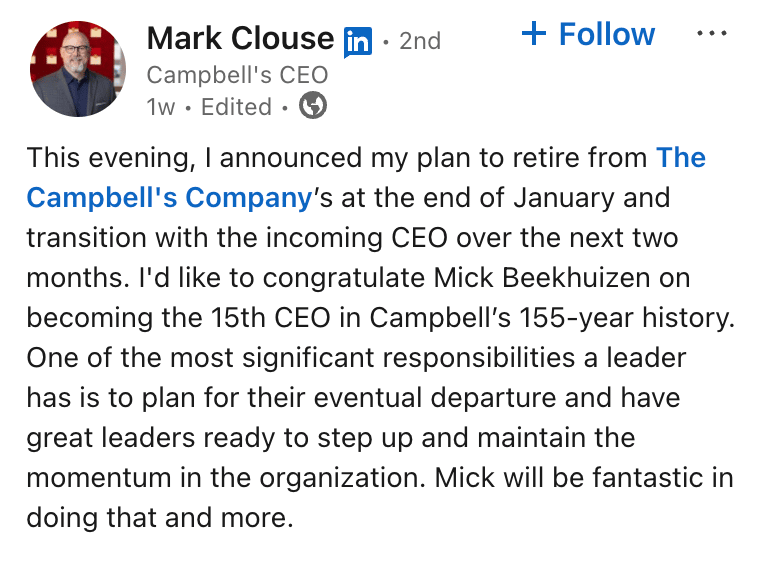 A screenshot of a LinkedIn post from Mark Clouse announcing his departure from Campbell's