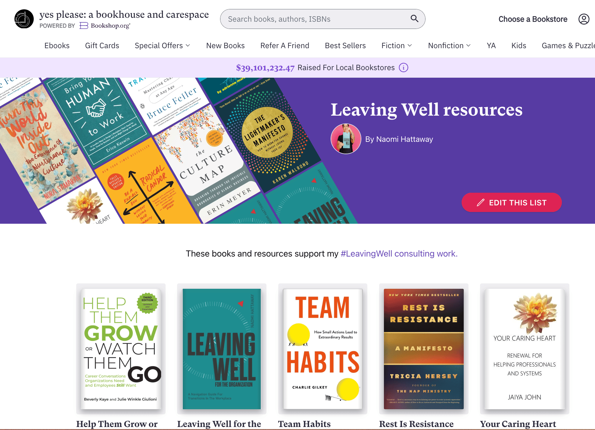 A screenshot of Naomi's Bookshop.org storefront.
