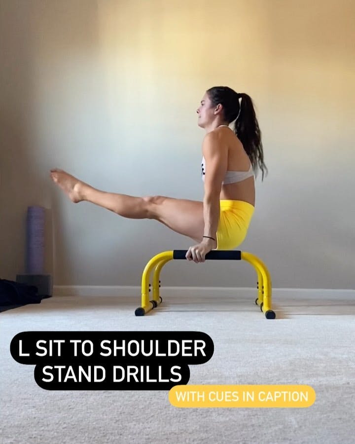 Easter L Sit to Shoulder Stand on Paralettes! 💪⚡️

Today’s #SundaySkills focuses on a dynamic calisthenics movement where you move from an L Sit to a Shoulder Stand. 

Get matching Parallettes at @lebertfitness “LUCYMVMT” helps you save 💛

💥

1.L Sit to Shoulder Stand
2.L-Sit pushing with straight arms against the paralettes and squeezing tight throughout legs and butt. 
3. L Sit Swing Through to Feet working to push down against paralettes, lean over shoulders, and lift hips in order to find space for feet to swing through. 
4.Shoulder Stand Hold focusing on squeezing elbows into chest while keeping a tight midline and directing toes straight up to ceiling. 
5. Reverse Flow with a Shoulder Stand to L Sit working to transition from shoulder stand by controlling leg lower, bending legs, and aggressively lifting chest while pushing down with straight arms strong against paralettes. 

⭐️Ensure you can hold a 10 second L sit and 10 second shoulder stand prior to attempting. 
⭐️Work on shoulder stand holds by walking feet up wall with belly facing wall for assistance. 
⭐️Think about trying to squeeze arms tight to torso  throughout the entire movement and make sure paralettes are as close as possible as more distance will increase the challenge. 

I make a small amount when you use “LUCYMVMT” 

#parallettes #parallettestraining #gymnasticsdrills