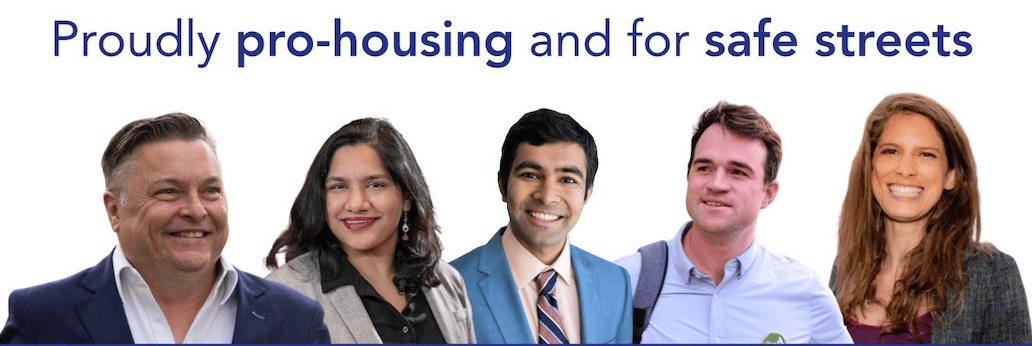 Screenshot from a postcard, with the header "Proudly pro-housing and for safe streets", witht he faces of Vice Mayor Marc McGovern, Councillors Sumbul Siddiqui and Burhan Azeem, and challengers Ned Melanson and Dana Bullister.