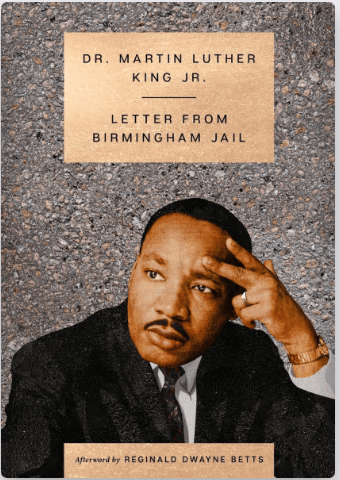 Book cover for Letter From Birmingham Jail featuring a serious looking MLK